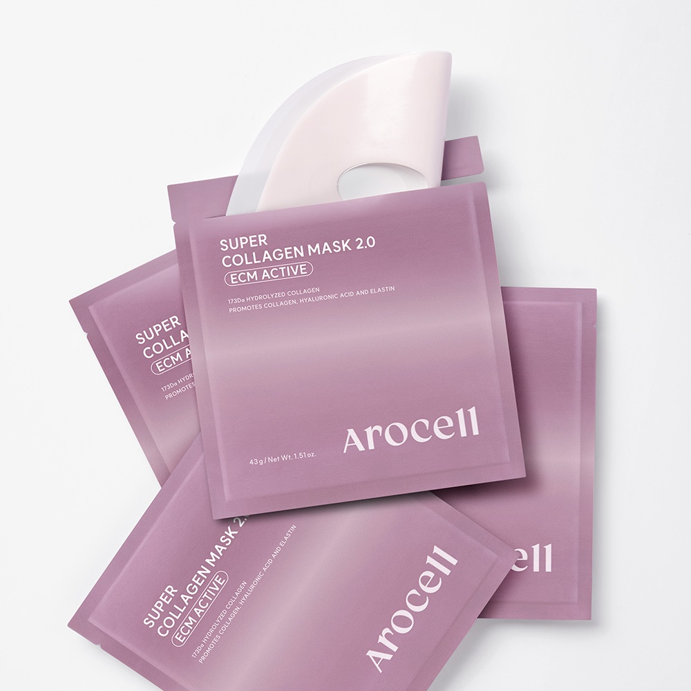 Close-up of Arocell Super Collagen Mask 2.0 Korean ingredient and authenticity details