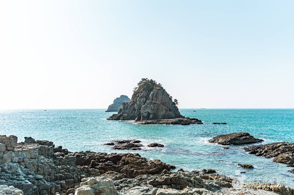 Oryukdo islets off the rocky coast at the start of the Namparang Trail in Busan
