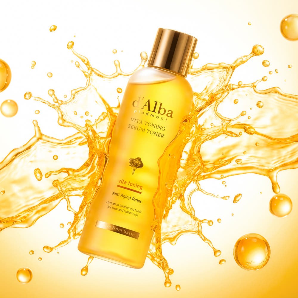 d'Alba Vita Toning toner bottle with a golden splash