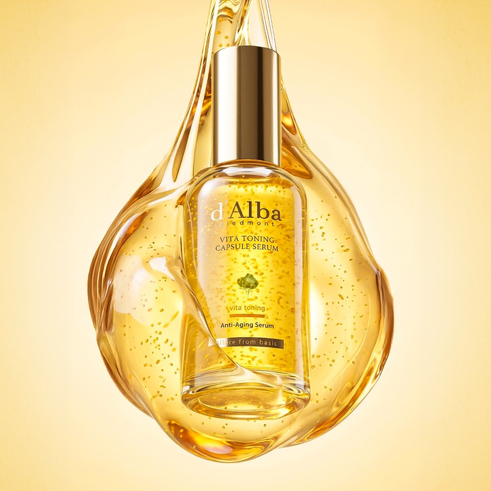 d'Alba Vita Toning serum bottle in a golden droplet