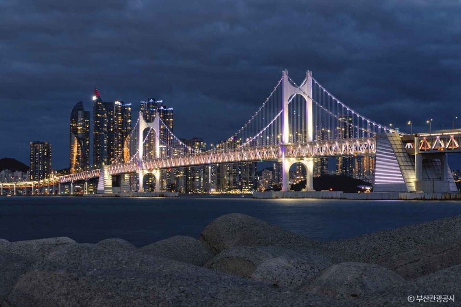 Gwangan Bridge lit at night seen from the rocks